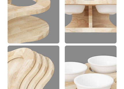 Comedero Triple De Madera Y Platos De Cerámica
