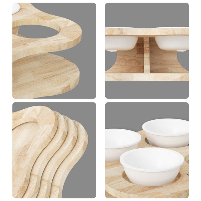 Comedero Triple De Madera Y Platos De Cerámica