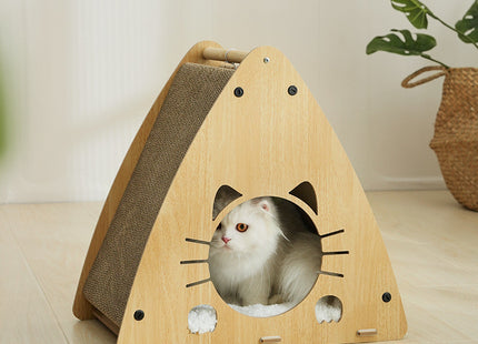 Casa De Madera Triangular Para Gatos Con Rascador