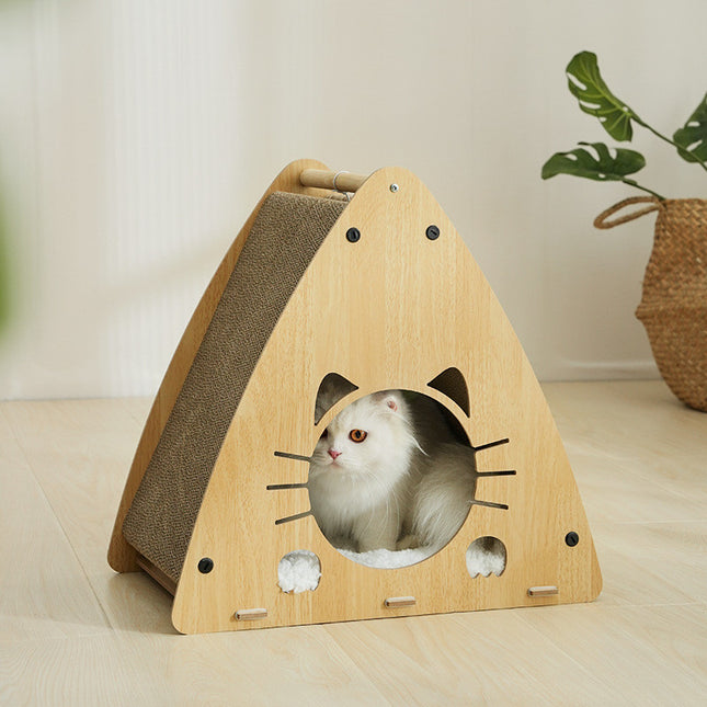 Casa De Madera Triangular Para Gatos Con Rascador