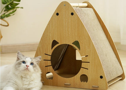 Casa De Madera Triangular Para Gatos Con Rascador