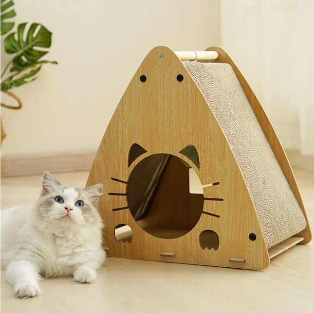 Casa De Madera Triangular Para Gatos Con Rascador