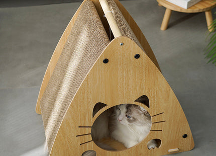 Casa De Madera Triangular Para Gatos Con Rascador