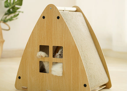 Casa De Madera Triangular Para Gatos Con Rascador