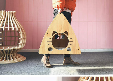 Casa De Madera Triangular Para Gatos Con Rascador