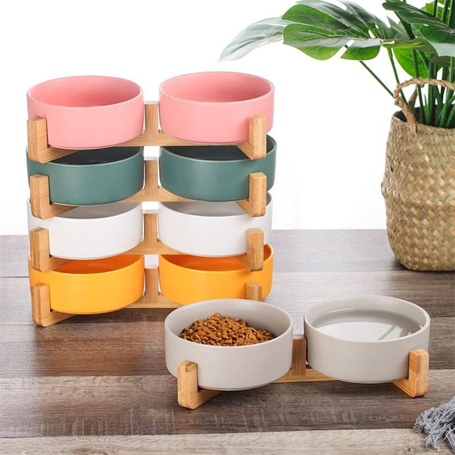 Plato De Cerámica Doble Con Base De Madera 850 ml