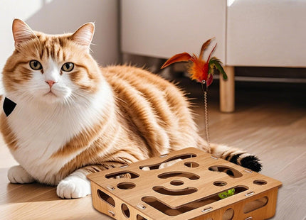 Juguete Interactivo de Madera para Gatos 🐱🧠 | Estimulación Mental y Diversión